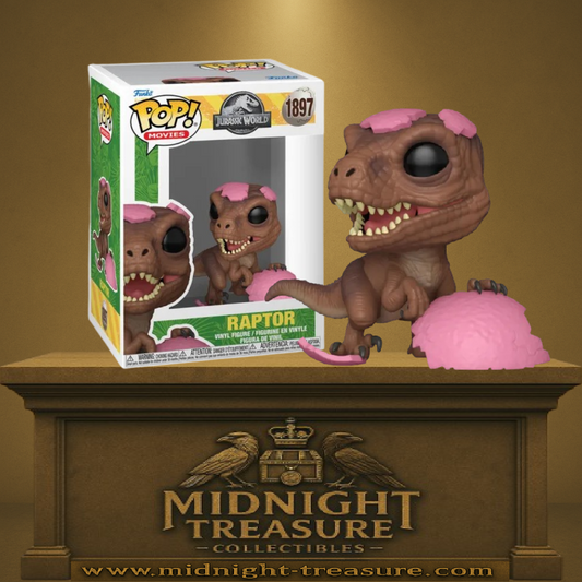 Funko Pop! Jurassic World – Raptor – Easter (Pâques) (N°1897). Raptor entouré de coquilles d’œufs roses, figurine Funko Pop Movies édition saisonnière.