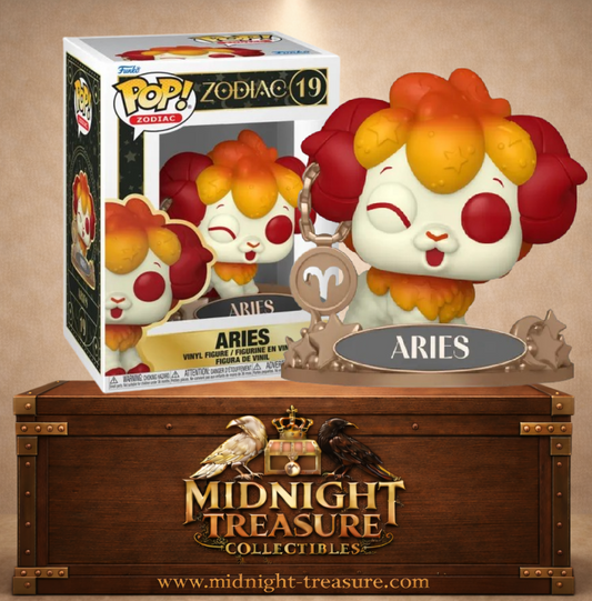 Funko Pop! Zodiac N°19 – Aries Bélier avec cornes rouges et orange et socle astrologique décoratif.