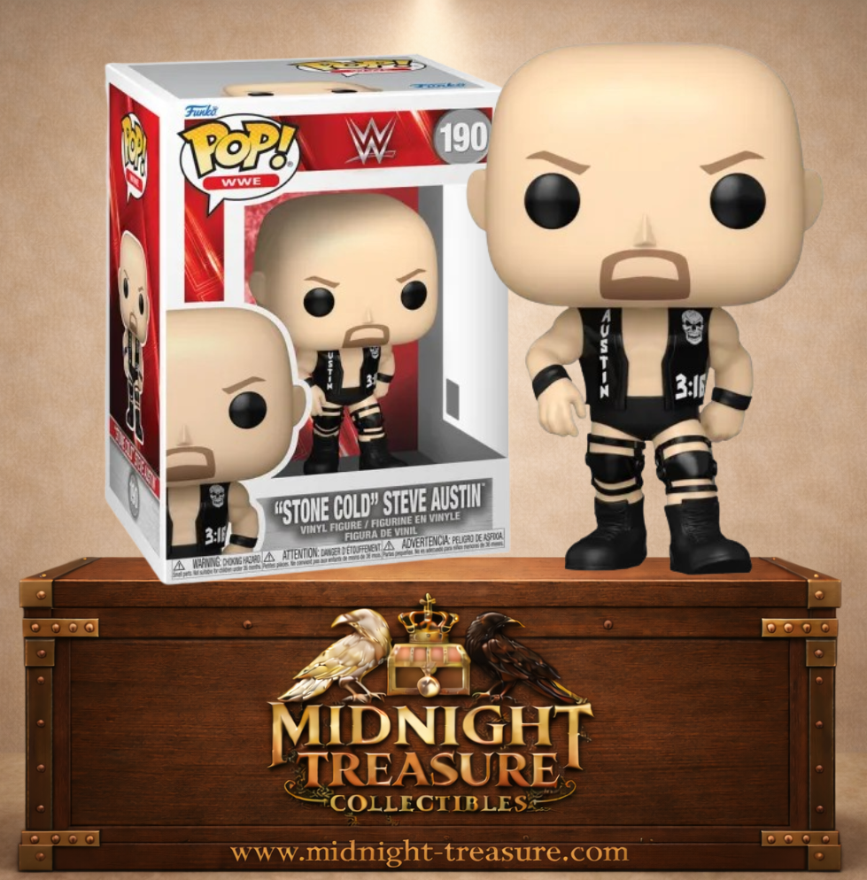 Funko Pop! WWE N°190 – Stone Cold Steve Austin. Figurine avec gilet noir Austin et look iconique du catcheur.