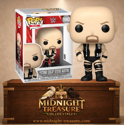 Funko Pop! WWE N°190 – Stone Cold Steve Austin. Figurine avec gilet noir Austin et look iconique du catcheur.