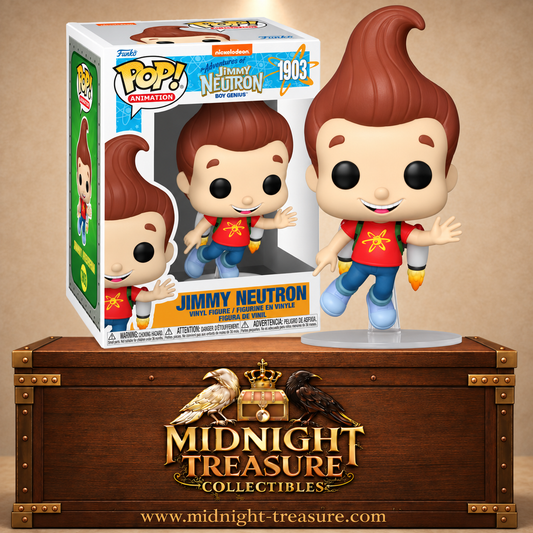 Funko Pop! Animation N°1903 Jimmy Neutron avec son jetpack, en plein vol avec son T-shirt rouge à symbole atomique.