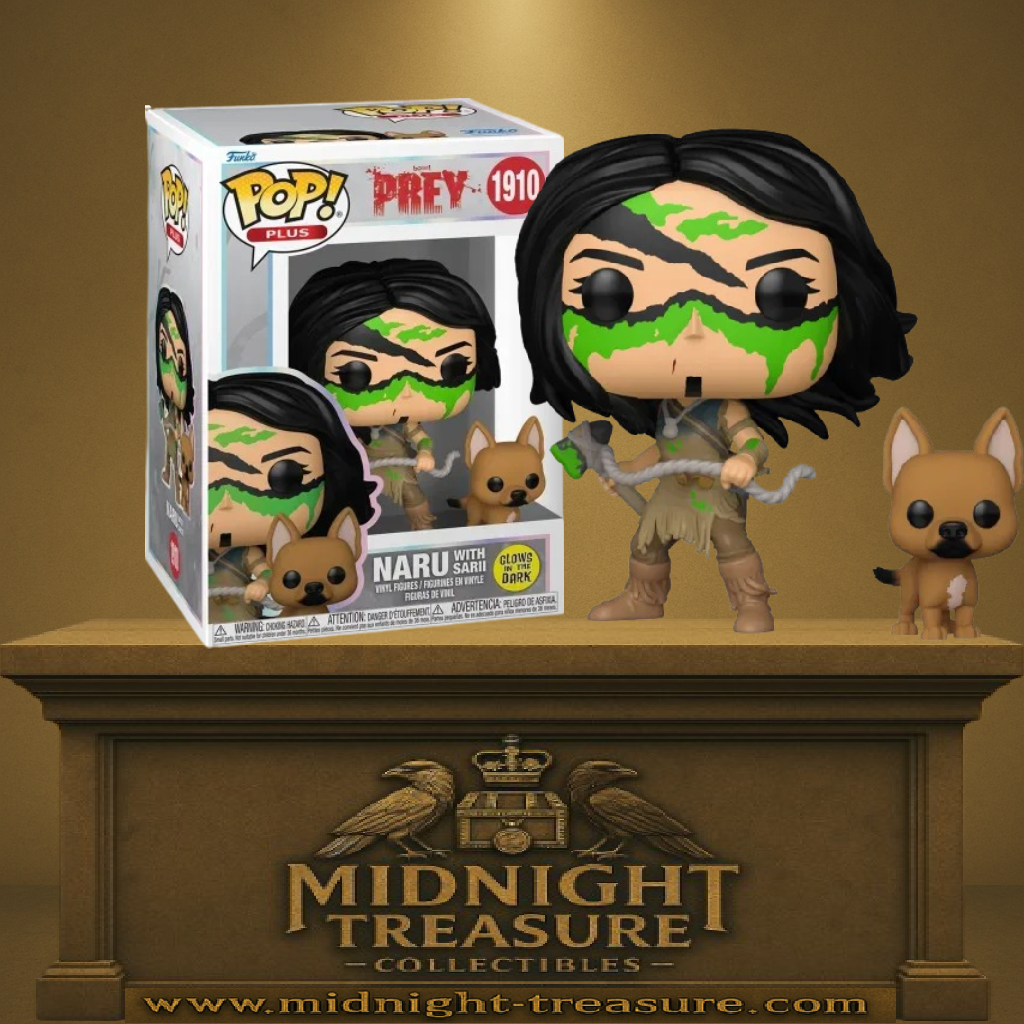 Funko Pop! Plus Prey – Naru with Sarii – Glow in the Dark (N°1910). Naru en tenue de chasse avec peintures de camouflage, accompagnée de son chien Sarii.