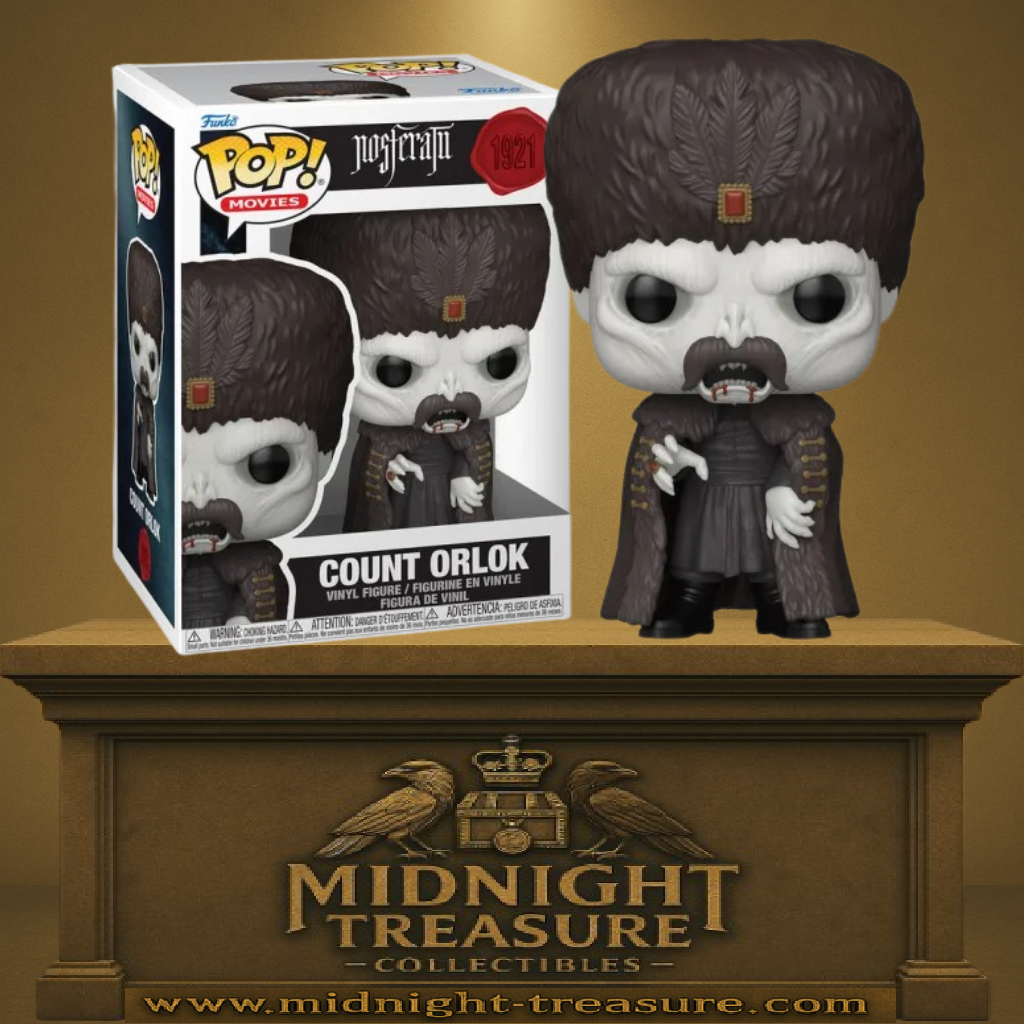 Funko Pop! Movies – Count Orlok (N°1921). Comte Orlok avec manteau sombre et toque en fourrure, version du film Nosferatu (Nosferatu le Vampire) de 1922.