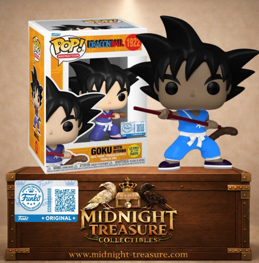 Funko Pop! Dragon Ball N°1922 – Goku avec Nyoibo Glow in the Dark – version enfant avec bâton magique et tenue bleue. Une figurine lumineuse parfaite pour les fans de Dragon Ball.