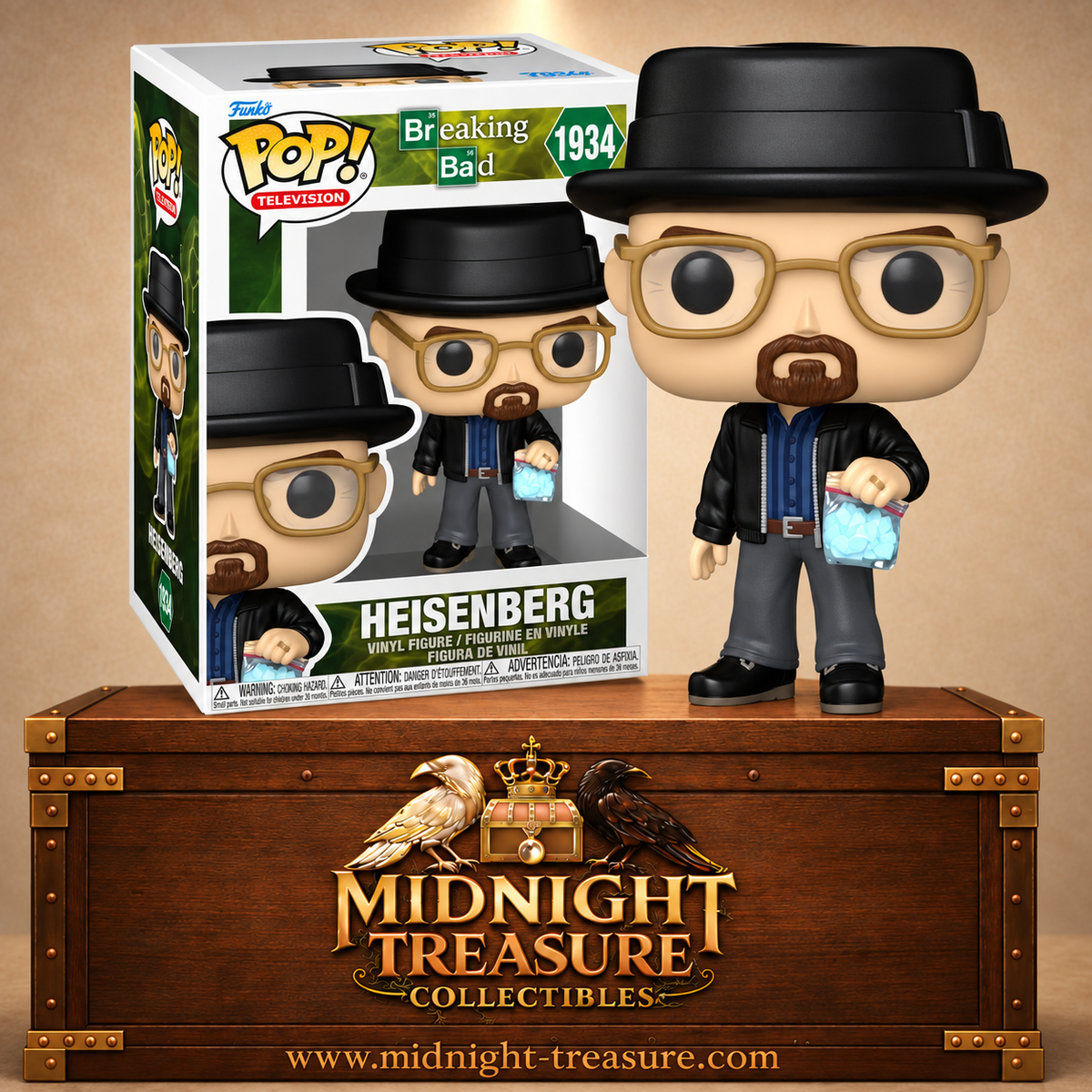 Funko Pop! Television N°1934 Heisenberg de Breaking Bad avec chapeau noir, lunettes, barbe et sachet de cristaux bleus.