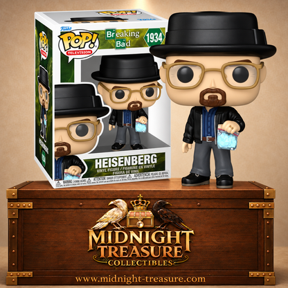 Funko Pop! Television N°1934 Heisenberg de Breaking Bad avec chapeau noir, lunettes, barbe et sachet de cristaux bleus.