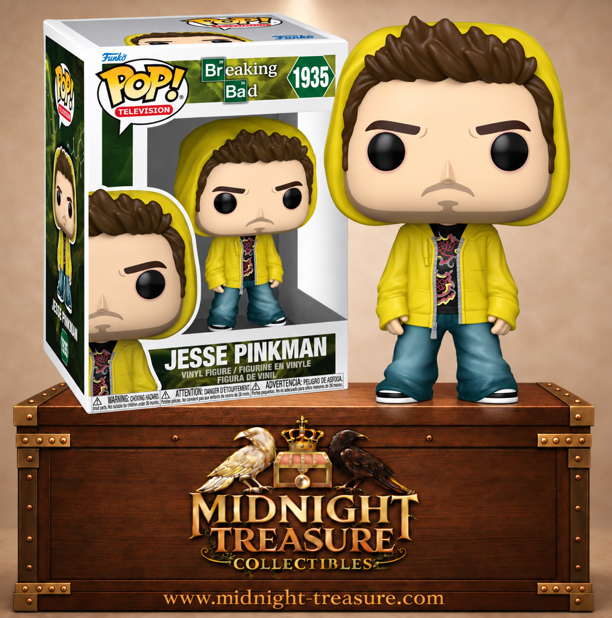 Funko Pop! Television N°1935 Jesse Pinkman de Breaking Bad avec sweat à capuche jaune, t-shirt graphique noir, jean bleu et baskets.