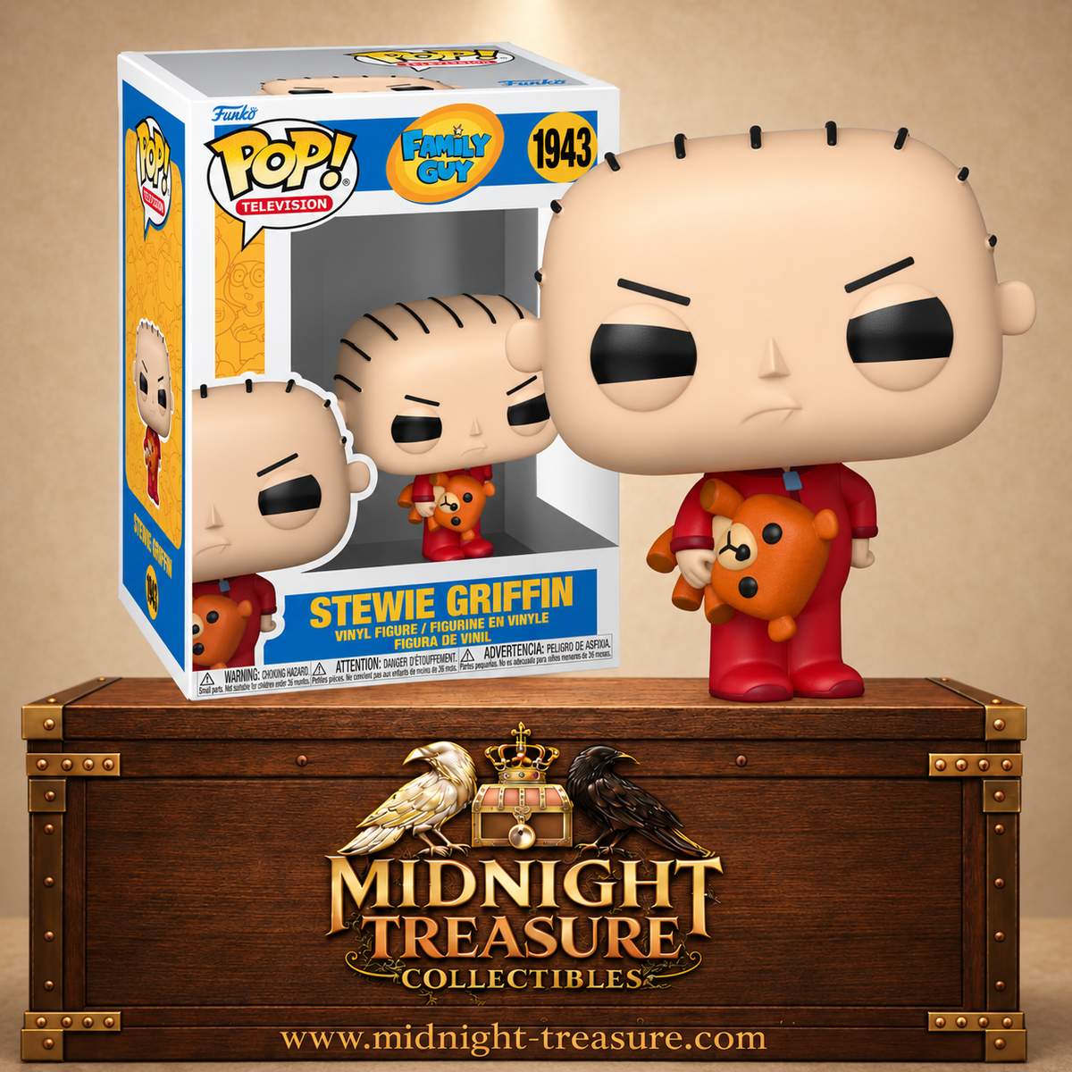 Funko Pop! Television N°1943 Stewie Griffin de Family Guy (Les Griffin) en combinaison rouge tenant son ours en peluche Rupert.