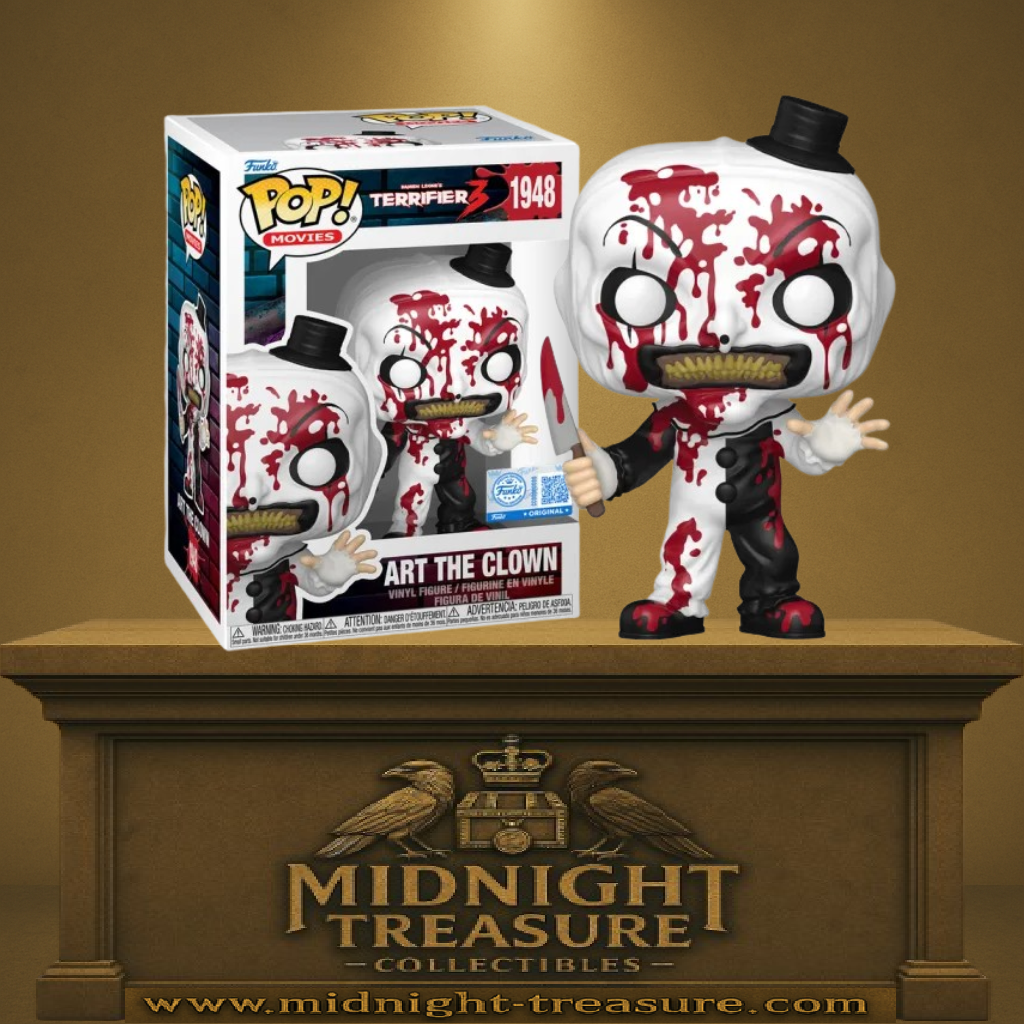 Funko Pop! Terrifier 3 – Art the Clown (N°1948). Clown tueur couvert de sang, tenant un couteau ensanglanté, issu du film d’horreur Terrifier 3.