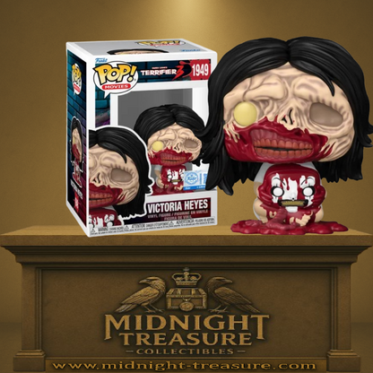 Funko Pop! Terrifier 3 – Victoria Heyes (N°1949). Personnage horrifique au visage défiguré, assise et tenant la tête arrachée d’Art the Clown, issu du film Terrifier 3.