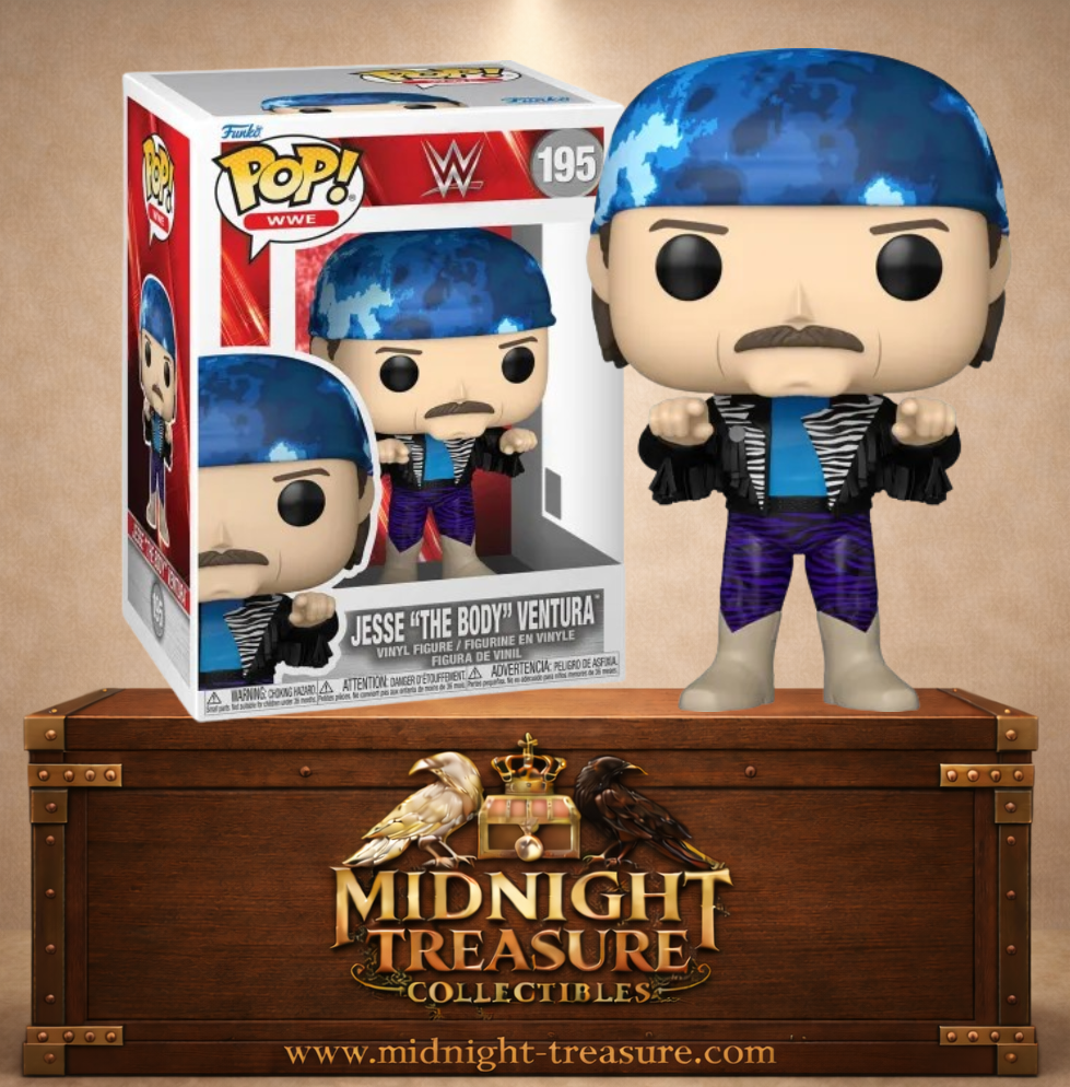 Funko Pop! WWE N°195 – Jesse The Body Ventura avec son bandana bleu, sa moustache emblématique et sa tenue de catch des années 1980.