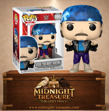 Funko Pop! WWE N°195 – Jesse The Body Ventura avec son bandana bleu, sa moustache emblématique et sa tenue de catch des années 1980.