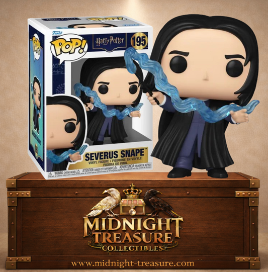 Funko Pop! Movies N°195 – Severus Rogue de Harry Potter lançant son Patronus, avec baguette et effet magique bleu translucide.