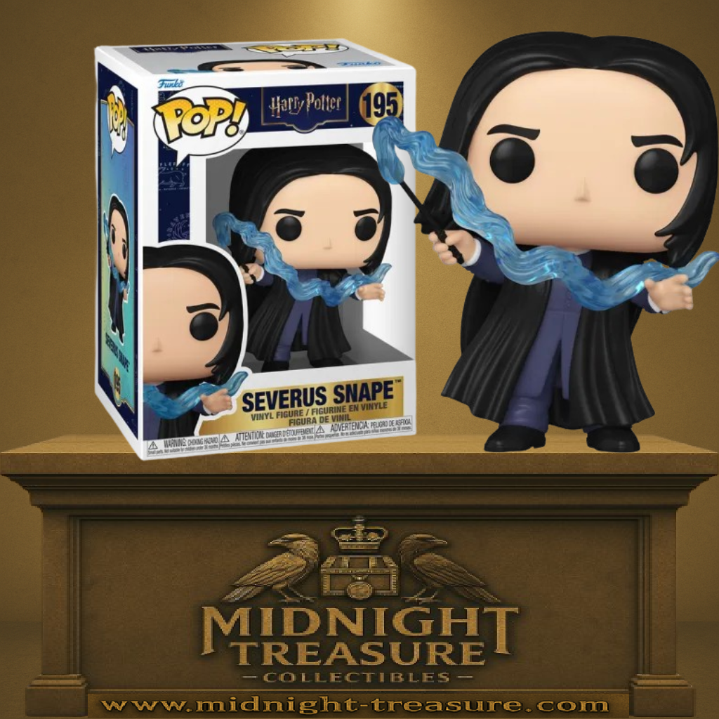 Funko Pop! Harry Potter – Severus Snape (Severus Rogue) (N°195). Professeur en cape noire lançant un sort avec effet magique bleu.