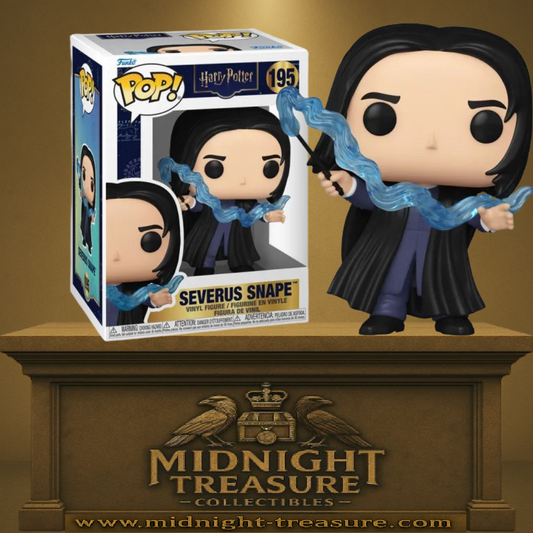 Funko Pop! Harry Potter – Severus Snape (Severus Rogue) (N°195). Professeur en cape noire lançant un sort avec effet magique bleu.