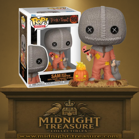 Funko Pop! Movies – Sam with Pumpkin (Sam avec citrouille) (N°1956). Sam en pyjama orange avec sac en toile et citrouille d’Halloween issu de Trick ’r Treat.