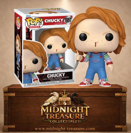 Funko Pop! Movies N°1957 – Chucky Bloody Nose de Child’s Play, poupée Good Guy avec couteau à la main et nez ensanglanté.