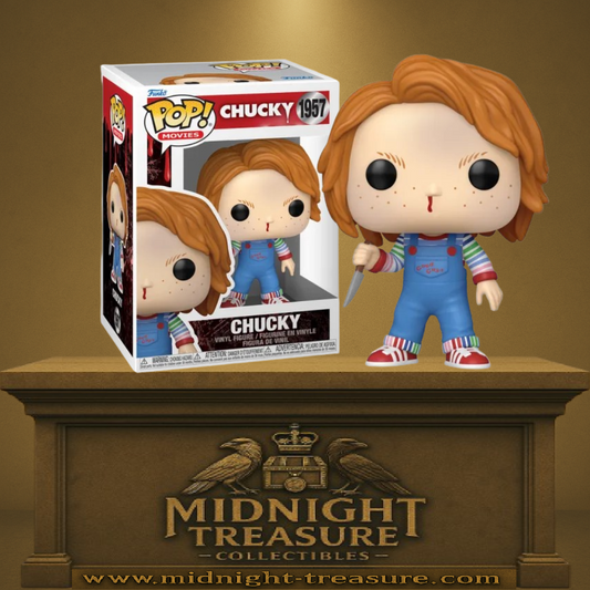 Funko Pop! Chucky – Chucky (Bloody Nose / Nez ensanglanté) (N°1957). Poupée Chucky avec couteau, salopette Good Guys et sang au nez, version horreur de la saga Chucky.