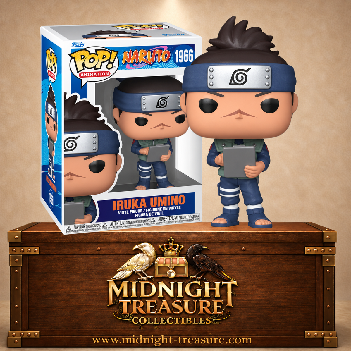Funko Pop! Animation N°1966 Iruka Umino de Naruto avec bandeau de Konoha, tenue de ninja et planchette d’enseignant.
