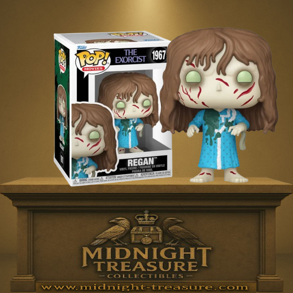 Funko Pop! The Exorcist – Regan (N°1967). Regan possédée avec chemise de nuit bleue, visage scarifié et yeux verdâtres, figurine inspirée du film L’Exorciste.