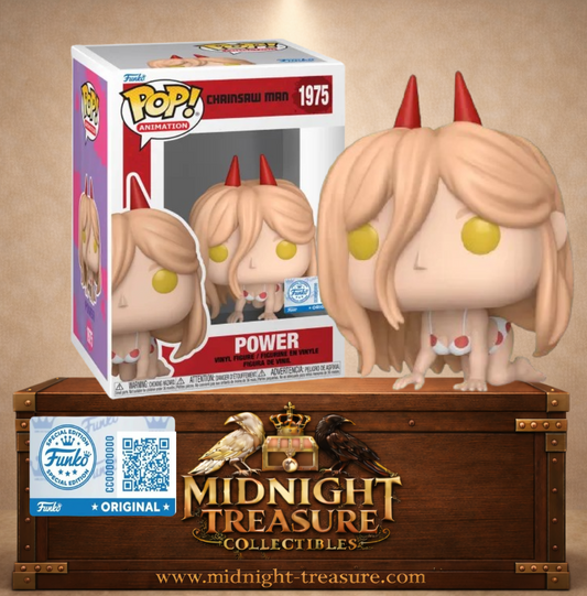 Funko Pop! Animation N°1975 – Power tenue de plage Chainsaw Man figurine avec cornes et posture animale.