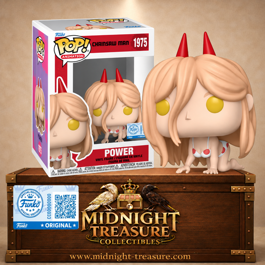 Funko Pop! Animation N°1975 – Power tenue de plage Chainsaw Man figurine avec cornes et posture animale.