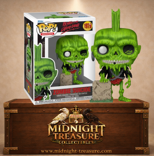 Funko Pop! Return of the Living Dead N°1979 – Zombie Suicide vert avec look punk décomposé et pierre tombale. Une figurine fidèle parfaite pour les fans d’horreur.