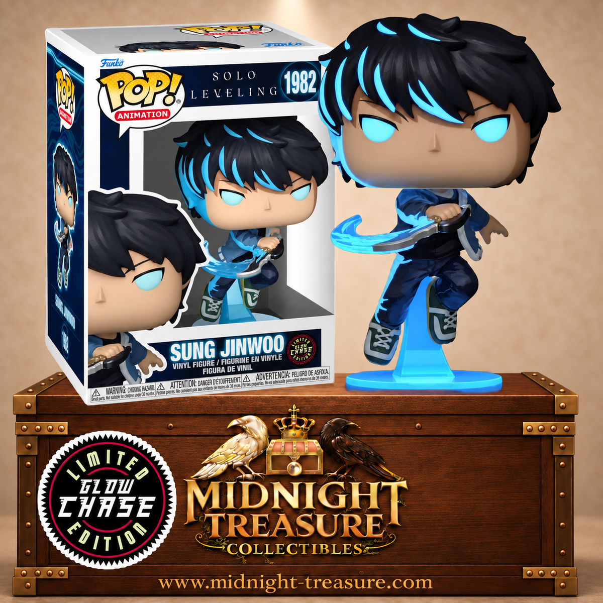 🌑🔵 Funko Pop! Animation N°1982 – Sung Jinwoo [Chase] – Glow in the Dark (Brille dans le noir) – Solo Leveling 🔵🌑