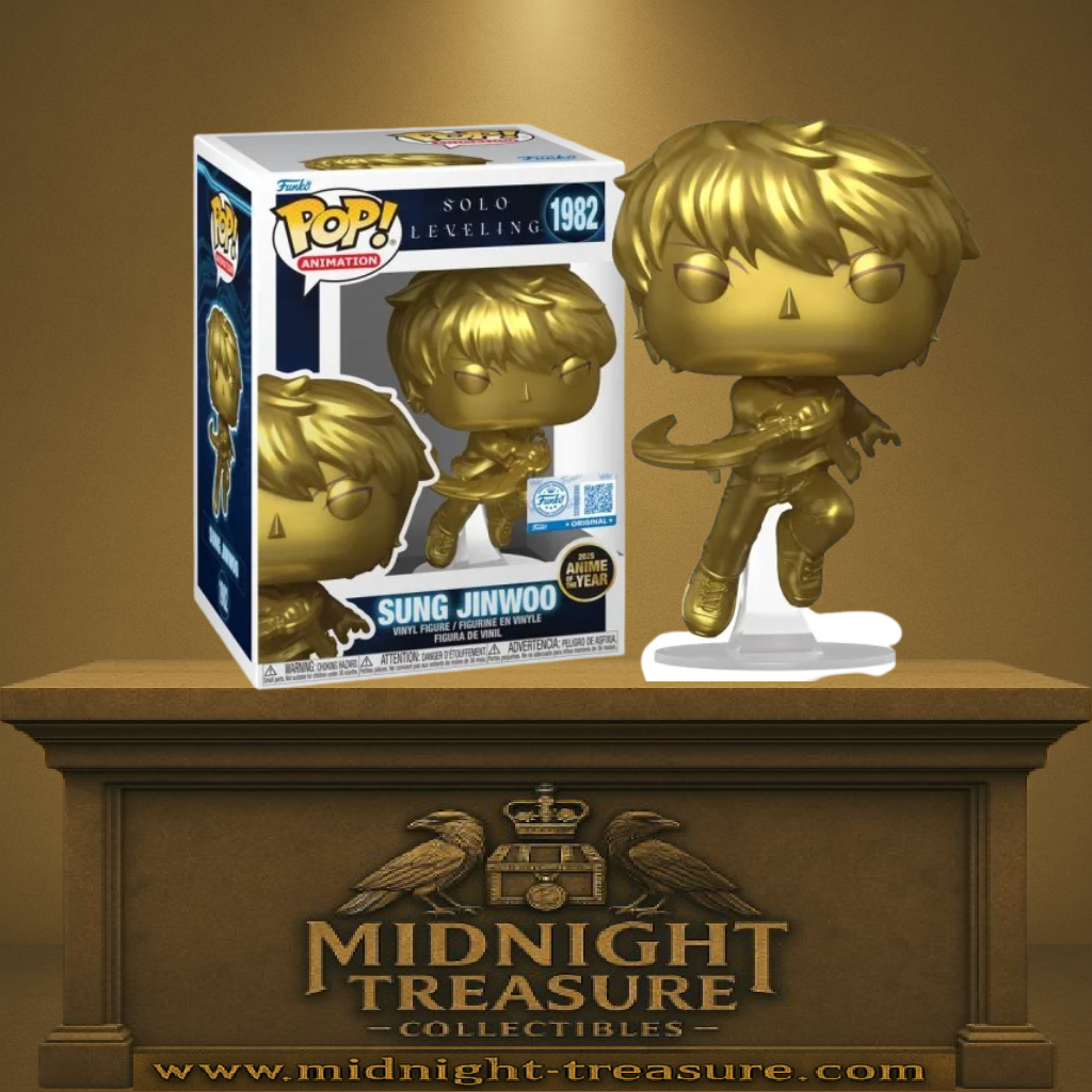 Funko Pop! Solo Leveling – Sung Jinwoo (Gold) (N°1982). Version dorée premium de Sung Jinwoo en posture d’attaque, célébrant l’Anime of the Year 2025.