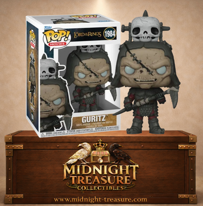 Funko Pop! Le Seigneur des Anneaux N°1984 – Guritz avec casque à crâne et faux de guerre inspiré des armées de Mordor. Une figurine fidèle parfaite pour les fans de Tolkien.