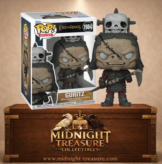 Funko Pop! Le Seigneur des Anneaux N°1984 – Guritz avec casque à crâne et faux de guerre inspiré des armées de Mordor. Une figurine fidèle parfaite pour les fans de Tolkien.