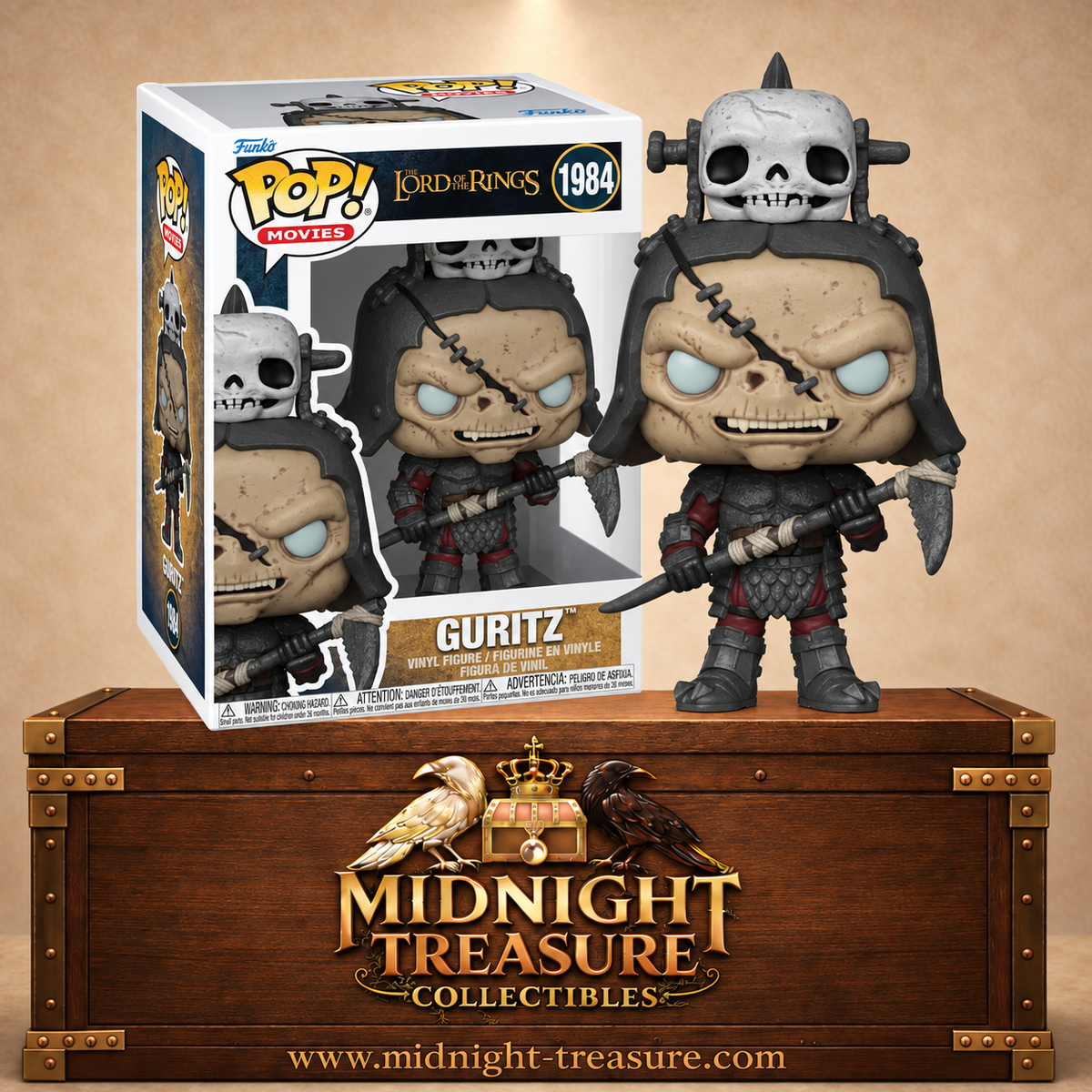 Funko Pop! Le Seigneur des Anneaux N°1984 – Guritz avec casque à crâne et faux de guerre inspiré des armées de Mordor. Une figurine fidèle parfaite pour les fans de Tolkien.
