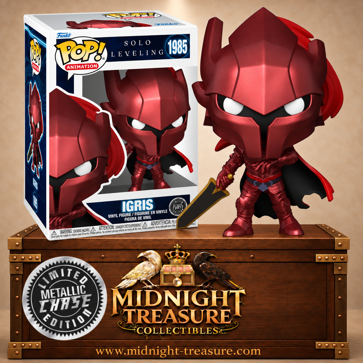 Funko Pop! Animation N°1985 Igris Chase de Solo Leveling avec armure rouge métallisée, heaume, cape sombre et grande épée.