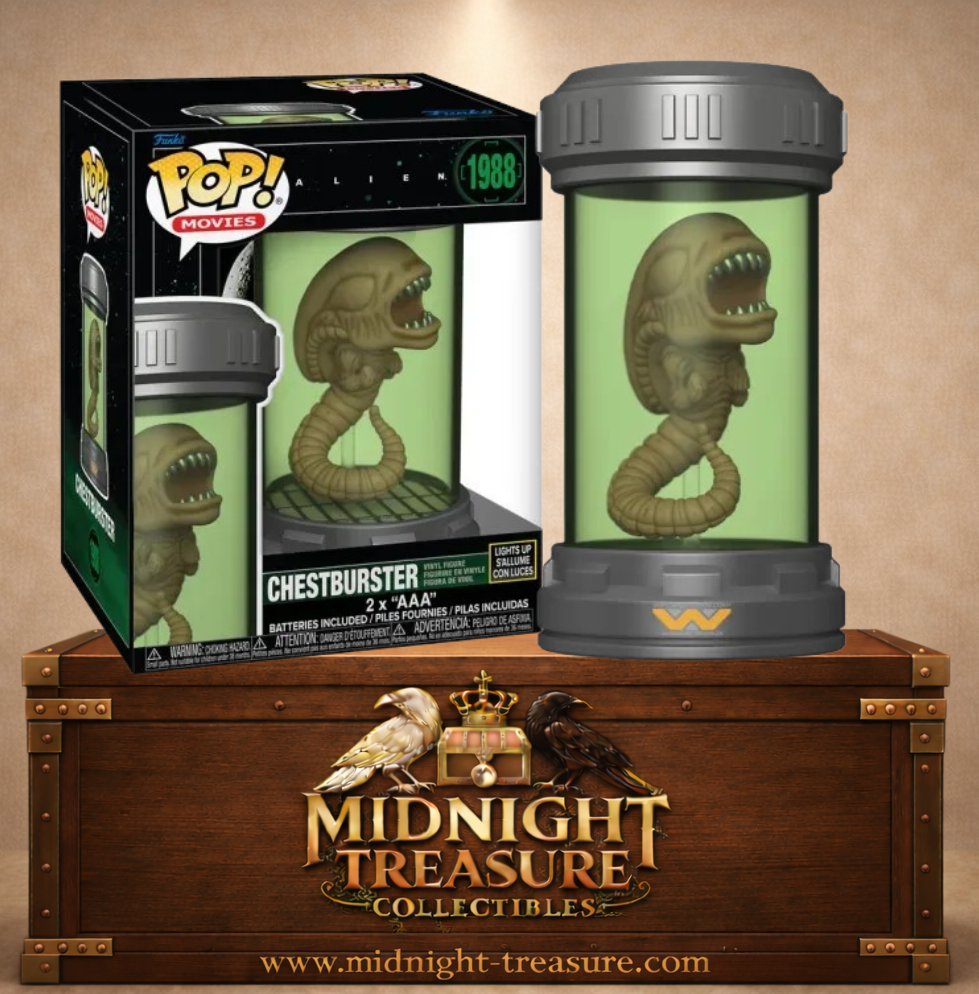 Funko Pop! Movies N°1988 – Chestburster Xenomorph – Alien Lights & Sound. Figurine du Chestburster dans capsule de laboratoire avec effets lumineux et sonores.