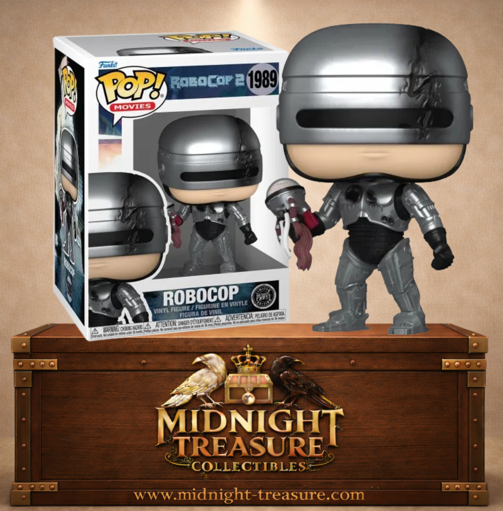 Funko Pop! Movies N°1989 – RoboCop Battle Damaged Chase – RoboCop 2. Figurine RoboCop avec casque fissuré tenant la tête du robot RoboCop 2.
