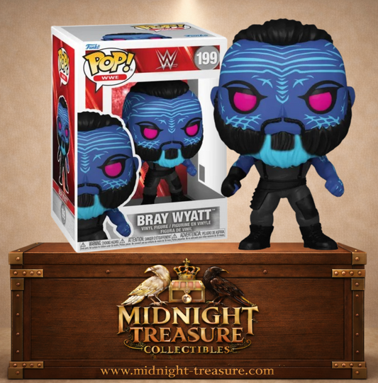 Funko Pop! WWE N°199 – Bray Wyatt – WWE. Figurine avec visage bleu et yeux roses style Fiend.