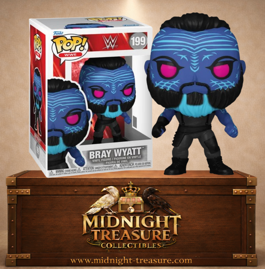 Funko Pop! WWE N°199 – Bray Wyatt avec visage bleu lumineux inspiré de The Fiend. Une figurine fidèle parfaite pour les fans de WWE.