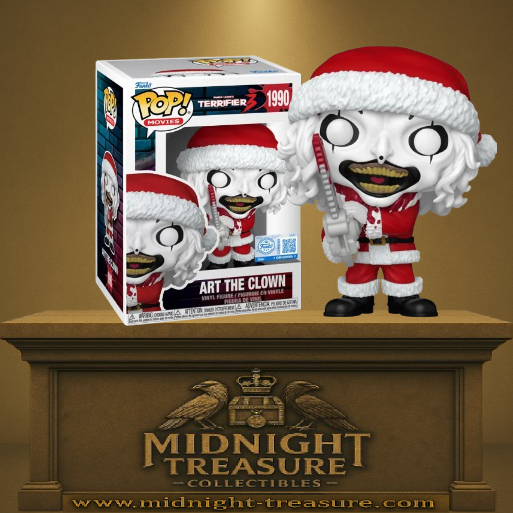 Funko Pop! Terrifier 3 – Art the Clown (Santa) (N°1990). Clown tueur en costume de Père Noël tenant une tronçonneuse ensanglantée, issu du film Terrifier 3.