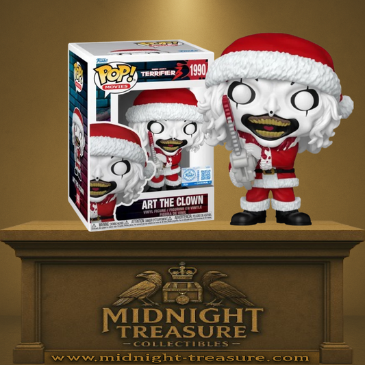 Funko Pop! Terrifier 3 – Art the Clown (Santa) (N°1990). Clown tueur en costume de Père Noël tenant une tronçonneuse ensanglantée, issu du film Terrifier 3.