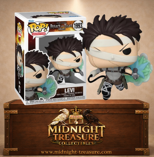 Funko Pop! Animation N°1993 – Levi – Attack on Titan Final Season. Figurine Levi blessé utilisant une lance foudroyante avec effet de propulsion vert et bleu.
