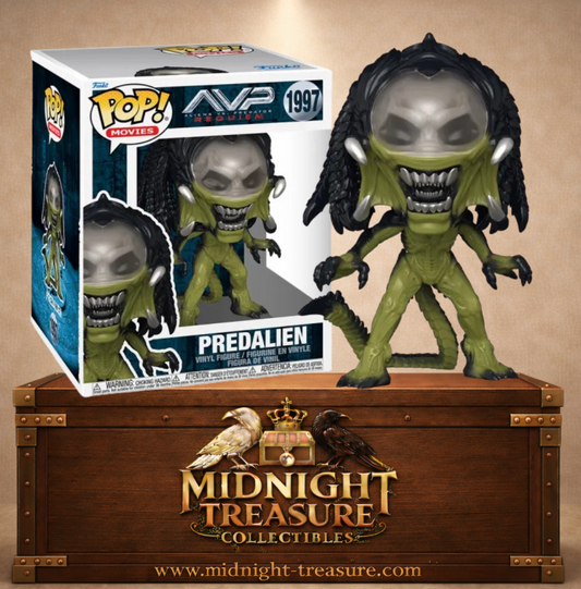 Funko Pop! AVP Requiem N°1997 – Predalien 15 cm hybride Alien et Predator avec crâne translucide et dreadlocks. Une figurine fidèle parfaite pour les fans de science-fiction horrifique.