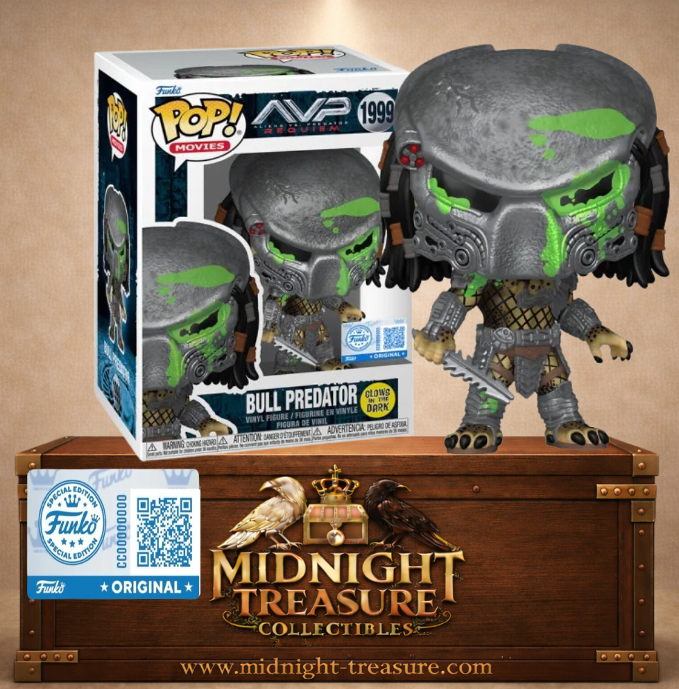 Funko Pop! Movies N°1999 – Bull Predator Glow in the Dark – AVP Requiem. Predator avec sang vert fluorescent.