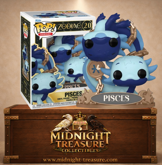 Funko Pop! Zodiac N°20 – Pisces Poissons avec créatures aquatiques bleues et décor astrologique doré. Une figurine fidèle parfaite pour les fans d’astrologie.