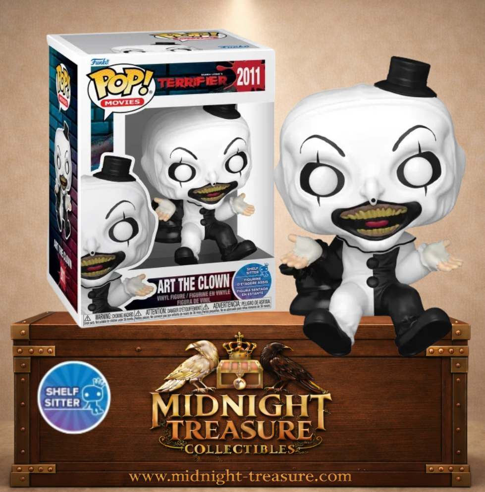 Funko Pop! Movies N°2011 – Art le Clown assis sur une étagère dans la collection Shelf Sitter inspirée de la franchise Terrifier.