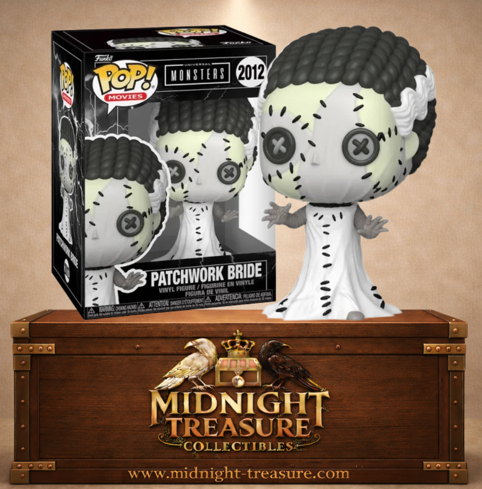 Funko Pop! Movies N°2012 – Patchwork Bride avec coiffure emblématique noire et blanche, coutures apparentes et yeux en boutons inspirée de Bride of Frankenstein.