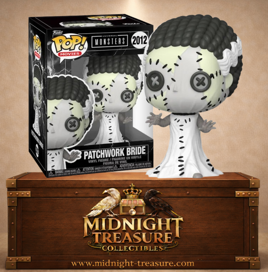 Funko Pop! Movies N°2012 – Patchwork Bride avec coiffure emblématique noire et blanche, coutures apparentes et yeux en boutons inspirée de Bride of Frankenstein.