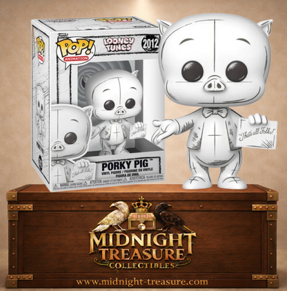 Funko Pop! Animation N°2012 – Porky Pig Sketched Deco (Porky Pig – Esquisse) de Looney Tunes, finition noir et blanc façon croquis avec pancarte That’s all Folks! (C’est fini, les amis !).