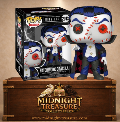 Funko Pop! Movies N°2013 – Patchwork Dracula avec coutures rouges, boutons dépareillés et cape noire inspiré des Universal Monsters.