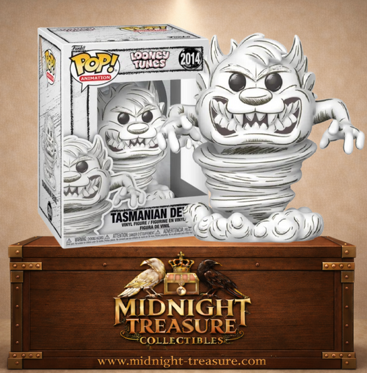 Funko Pop! Looney Tunes N°2014 – Diable de Tasmanie version esquissée avec effet tornade noir et blanc. Une figurine originale parfaite pour les fans de Looney Tunes.