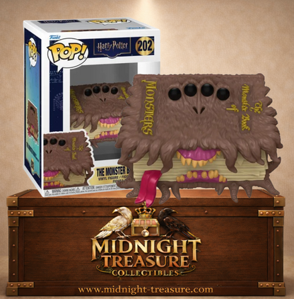Funko Pop! N°202 The Monster Book of Monsters, Le Monstrueux Livre des Monstres de Harry Potter, avec fourrure brune, quatre yeux, crocs et langue rouge.